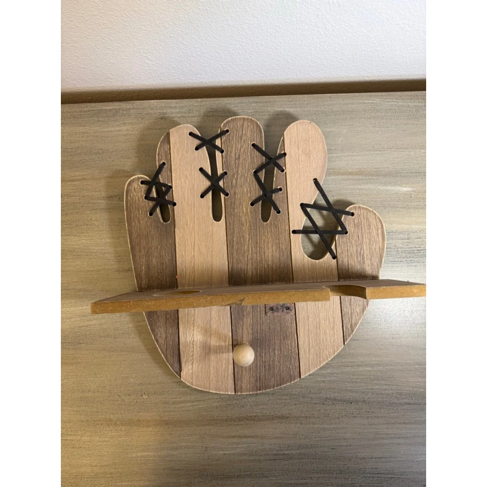 handcrafted wooden baseball glove wall shelf holds baseball bat ball & glove